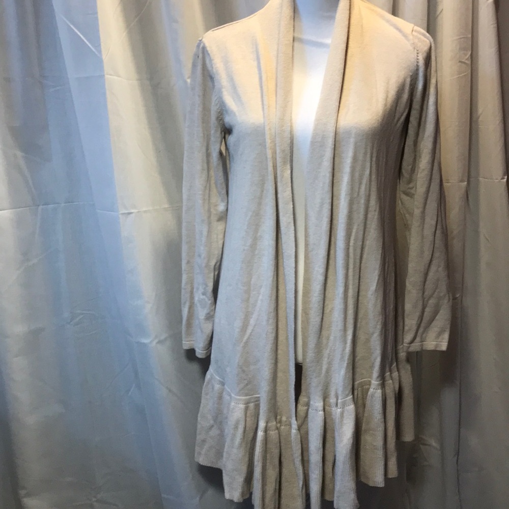 Open front cream long cardigan with ruffle trim XL
